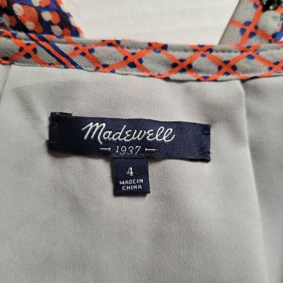 Madewell dress peasant silk sheer mini boho summer retrogrid pattern blue orange - Picture 9 of 16